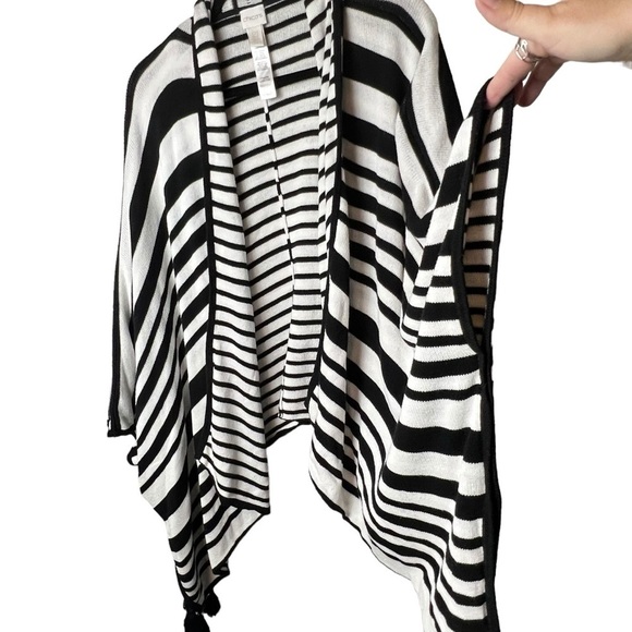 CHICO’S Sweater Poncho Shawl Cape Black/White Stripe Tassels One Size Blanket - Picture 5 of 8